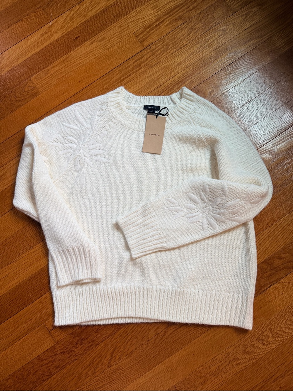 Halogen Cream Crewneck Sweater with Subtle Floral Knit